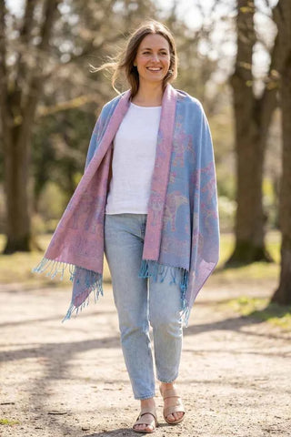 Dwustronna Wzór Słonie PASHMINA - Niebieski/Róż  100% kaszmir