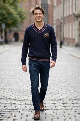 Sweter Warkoczowy Dekolt V Tommy Hilfiger - Granatowy  100% wełna