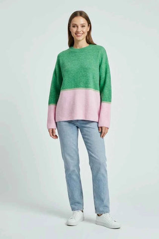 Sweter damski oversize color-block - Zielono-różowy