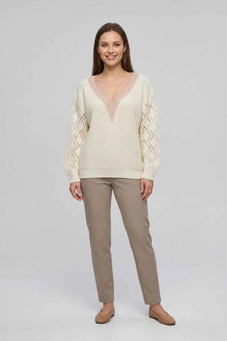 Sweter damski  V-neck - Kremowy