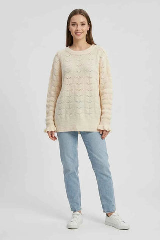 Sweter damski ażurowy luźny - Kremowy  9% wełna