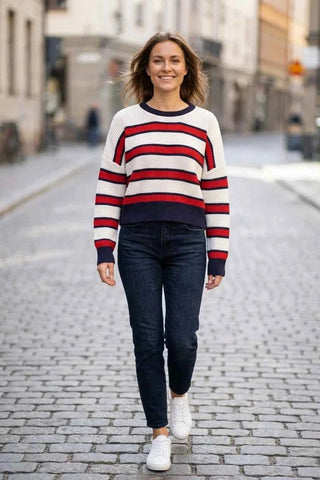 Sweter w paski bawełniany - Biało-czerwono-granatowy