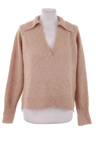 Sweter damski z kołnierzykiem V-neck - Beżowy  30% wełna 15% lama
